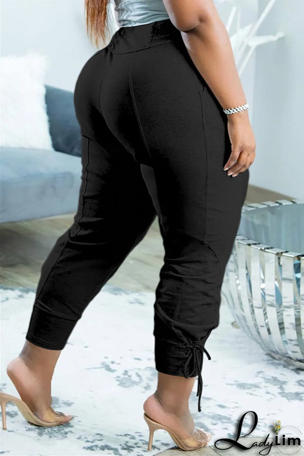 Black Fashion Casual Solid Basic Regular High Waist Trousers
