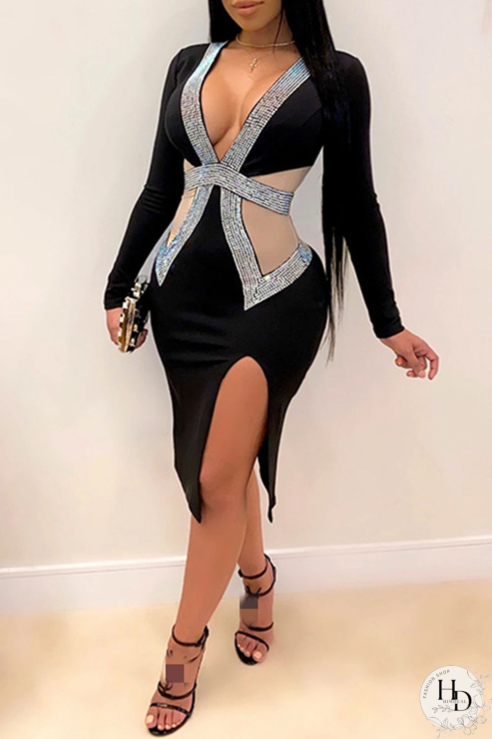 Black Fashion Sexy Patchwork Slit Hot Drill V Neck Long Sleeve Dresses