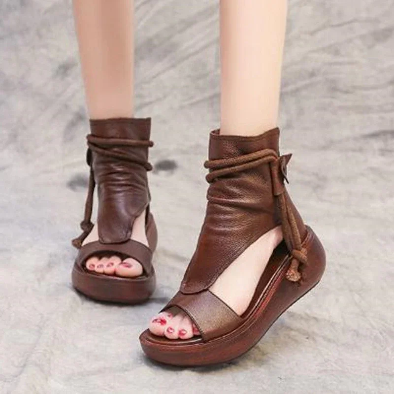 Qengg Leather Wedges Sandals Women Comfortable Summer Shoes Retro 2022 New Roman High-top Platform Mid Heel Gladiator Sandals