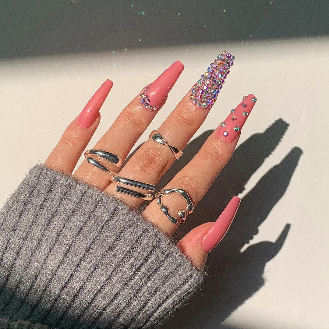 24pcs/box  Long Trapezoid Fake Nails  WIth Jewels Decorated Wearabel False Nails With Glue And Wearing Tools-Nail Inspo