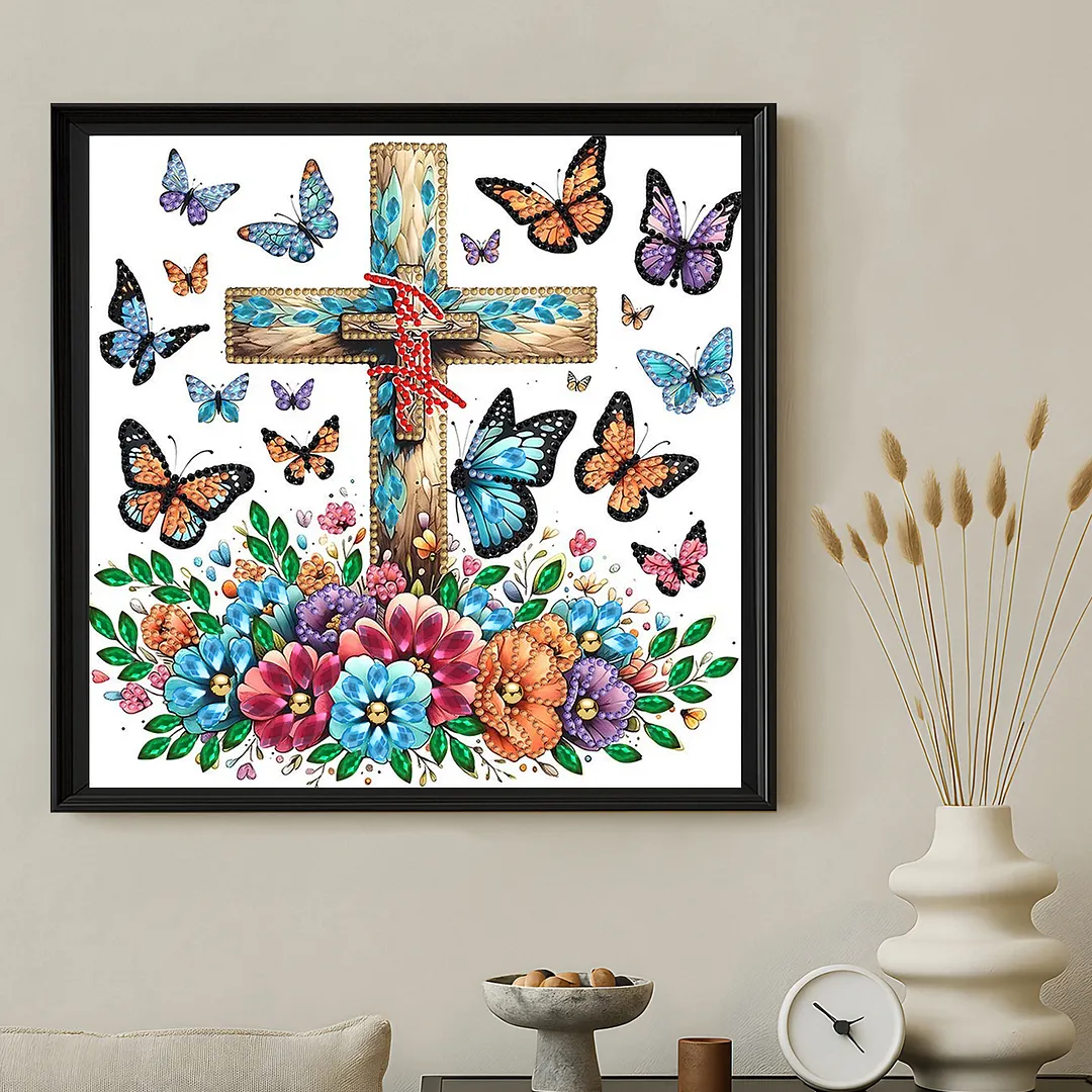 Diamond Painting - Partial Special Shaped Drill - Butterfly Cross(Canvas|30x30cm)