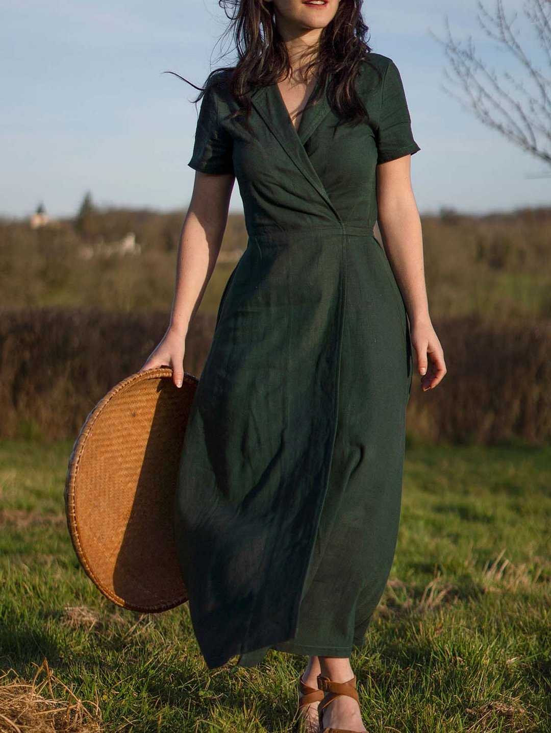 Solid Lapel Collar Tie Back Split Hem Dress