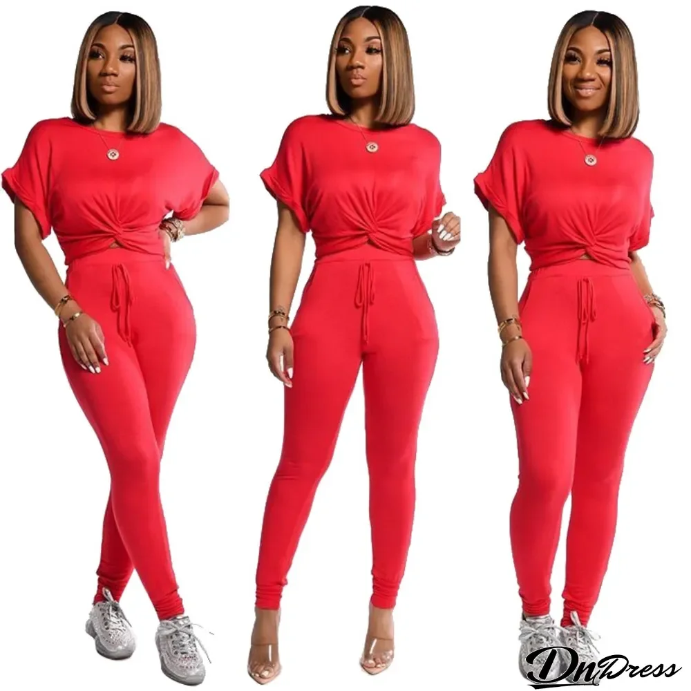 Summer Plain Knot Crop Top and High Waist Pants Set