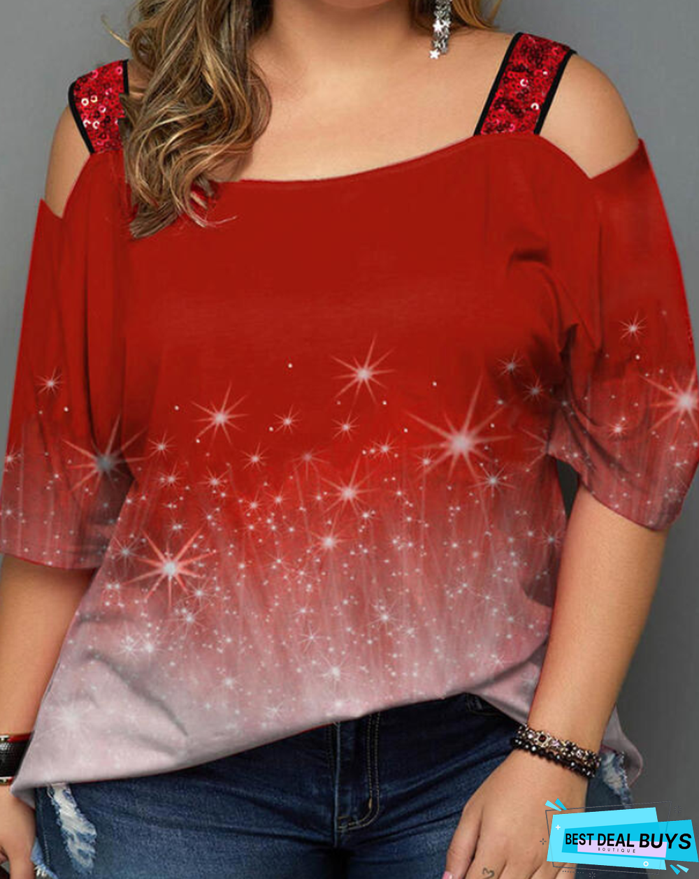 Print Cold Shoulder 3/4 Sleeves Casual Plus Size Blouses