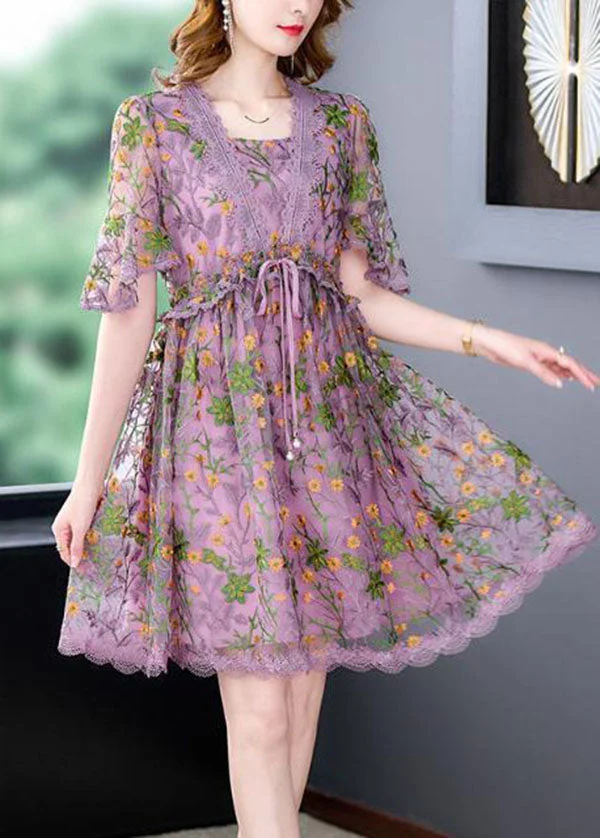 Style Purple Embroideried Lace Up Lace Maxi Dresses Summer