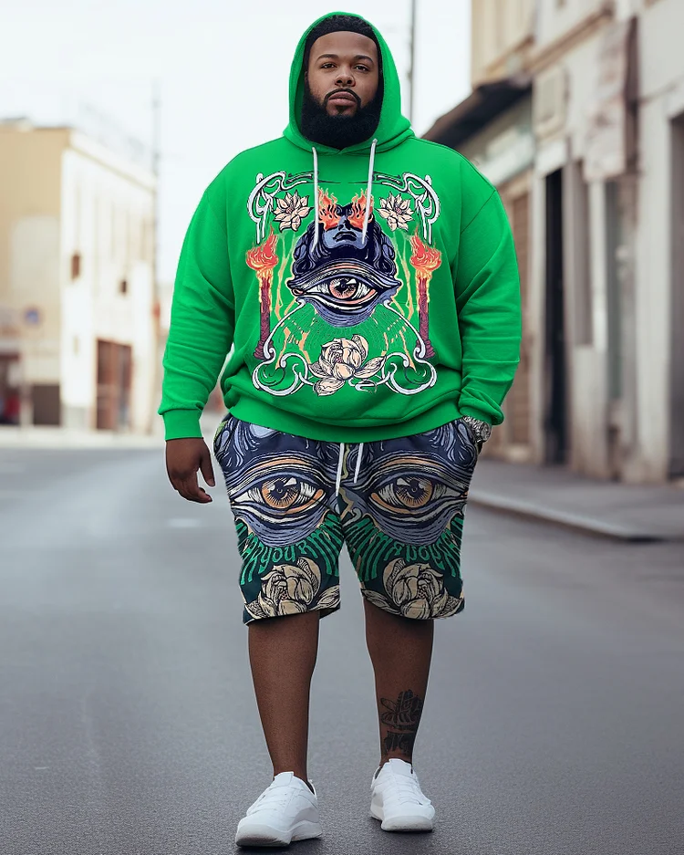 Men's Plus Size Hip Hop Abstract Eyes Hoodie Shorts Two Piece Set