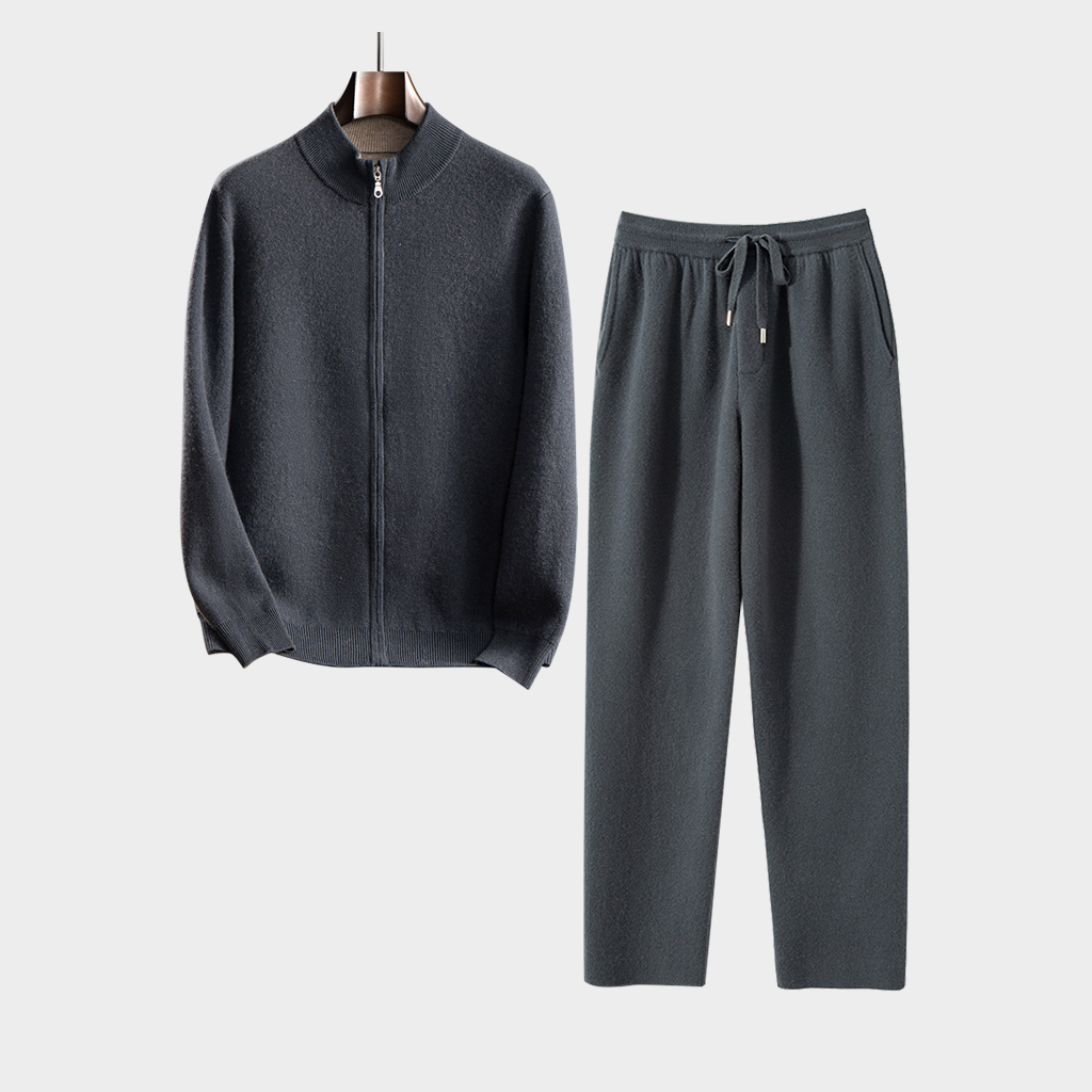 Men's Grey Cashmere Stand-Up Collar Knitted Cardigan and Pants Set | Modern Minimalist REAL SILK LIFE