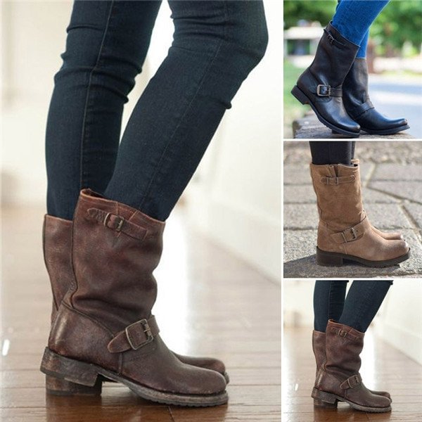 Plus Size Adjustable Buckle Ankle Boots Block Heel Riding Artificial Leather Booties Zaesvini