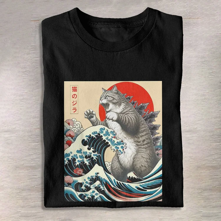 Funny Japanese Catzilla Print T-shirt