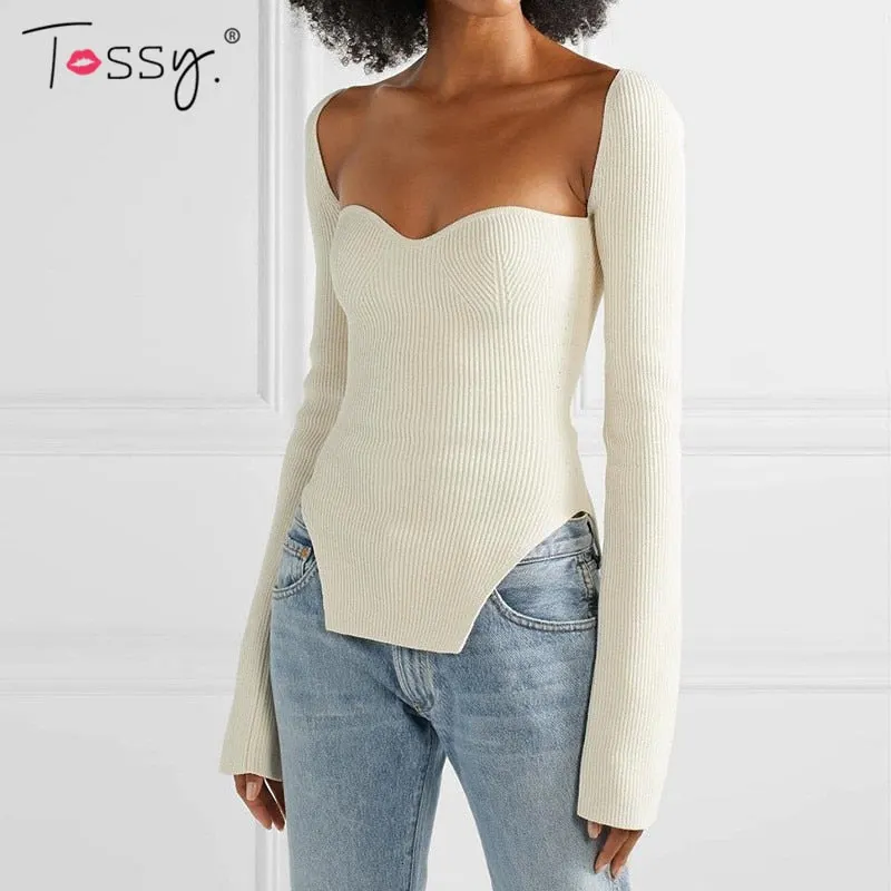 Tossy Long Sleeve Sweater 2021 Autumn Women Knit Ribbed Top Ladies Casual Knitted Tops Pullover Off-Shoulder Knitwear Black