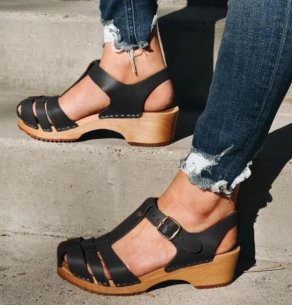 New Summer Women T Strap Sandals Mid Heels Platform Gladiator Ladies Shoes Black Closed Toe Beach Sandals Sandalias Mujer