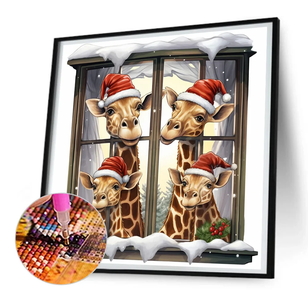 Diamond Painting - Full Round Drill - Window Xmas Giraffe(Canvas|30*30cm)