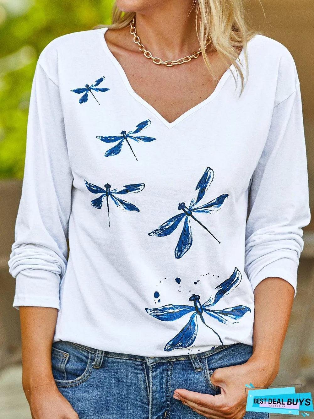 Women Summer Casual Dragonfly Standard Long sleeve Fit Regular H-Line Regular T-shirt