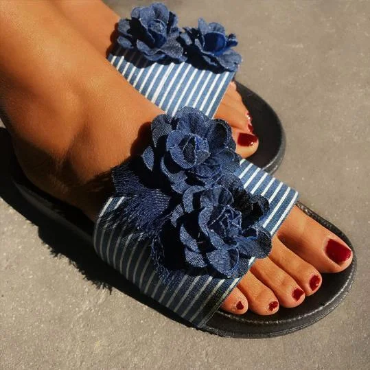 Women Summer Big Flowers Blue Striped Comfortable Slippers