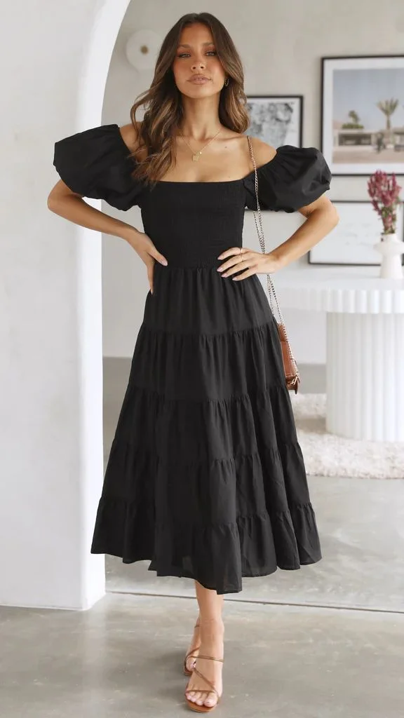 Uveng Puff Sleeve Holiday Slim Looking Long Dresses