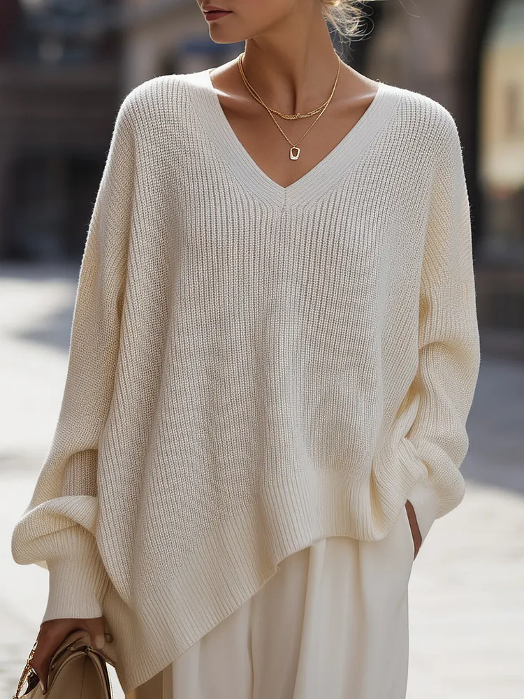 Relaxed V-Neck Ribbed Knit Sweater