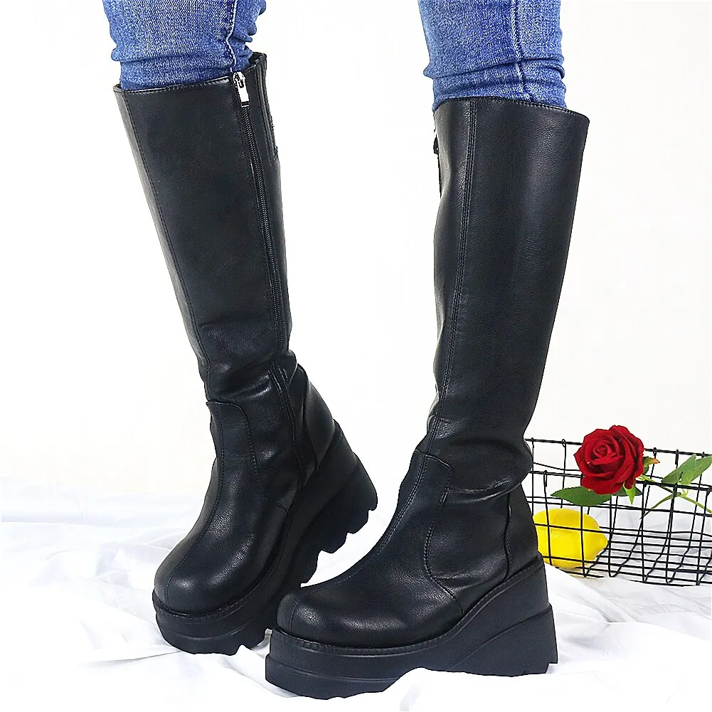 Brand New Large Sizes 43 Platform Wedge High Heels Stylish Trendy Cool Atuumn Winter Motorcycles Boots Shoes Women Footwear