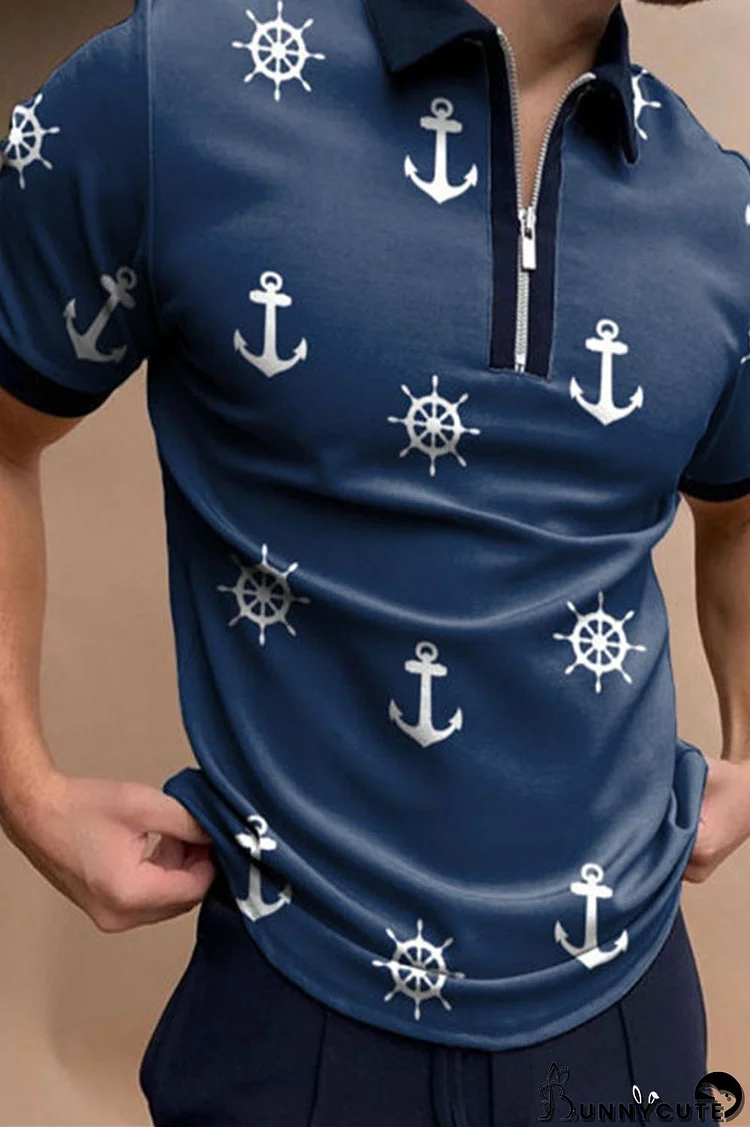 Navy Blue Casual Print Split Joint Zipper Turndown Collar Tops