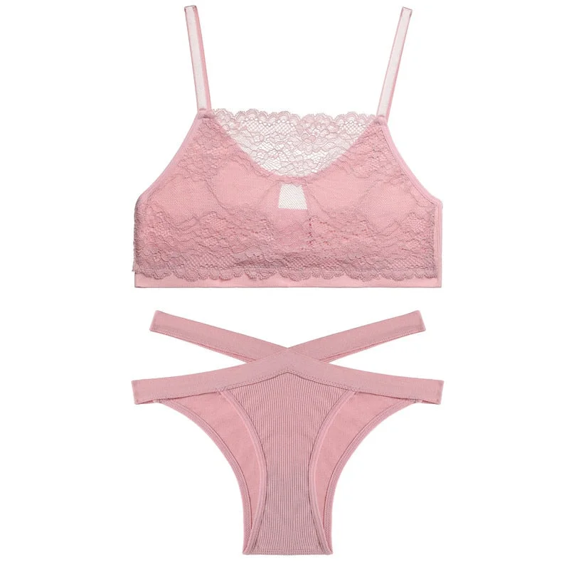 FINETOO Lace Hollow Out Bra Set Women Sexy Wireless Tops Soft Brazilian Panties Fashion Tube Top Low Waist Underpants Lingerie