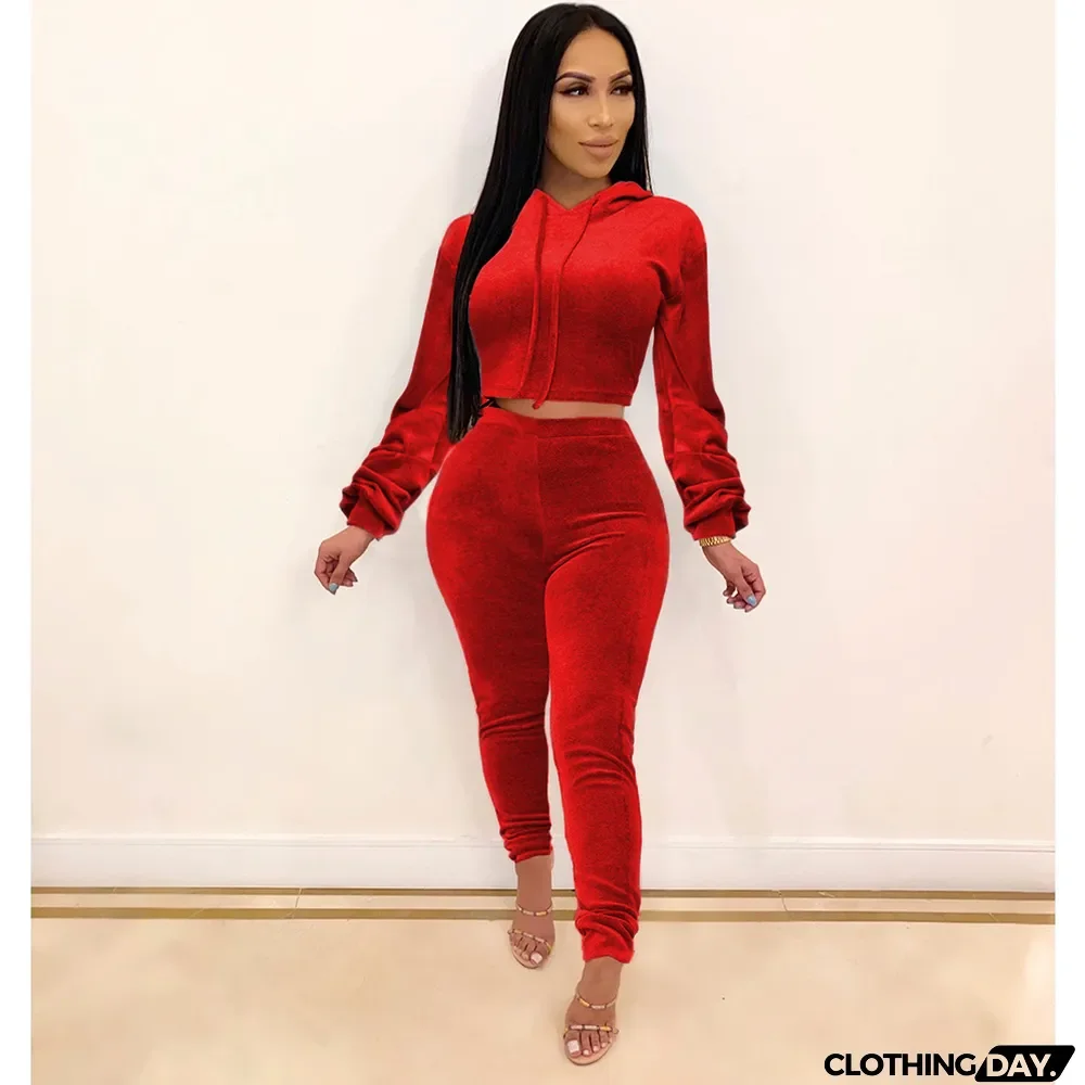 Women'S Sexy Fashion Autumn Winter Sports Hooded Velvet Two Piece Pants Set