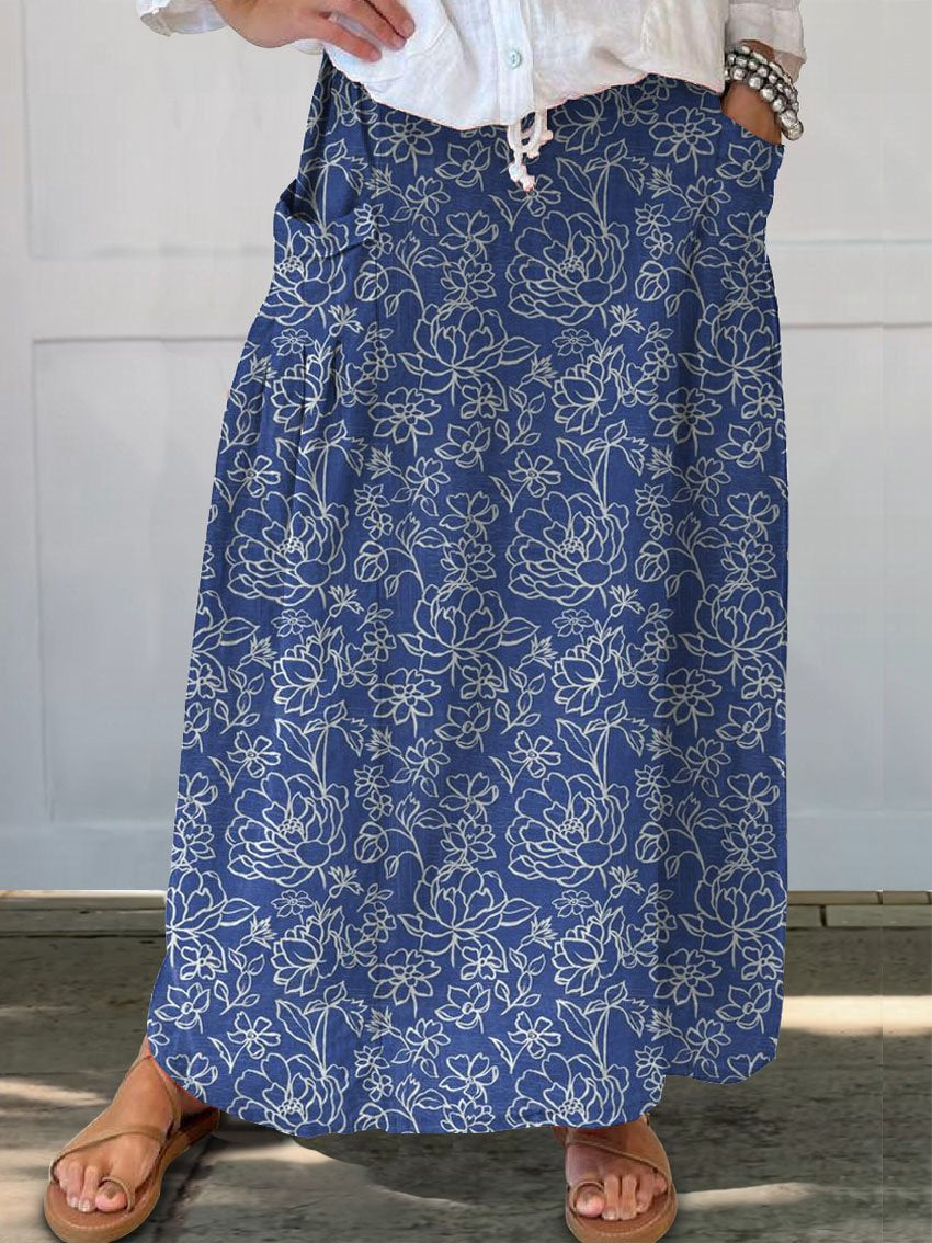 Women's Retro Elegant Floral Art Linen Pocket Skirt