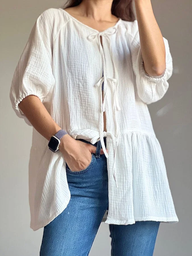 Women's cotton and linen casual lace-up shirt
