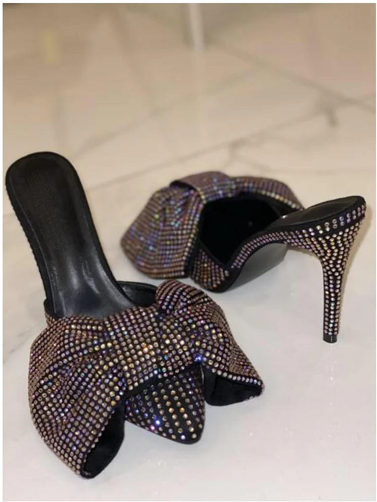 Custom Made Black Rhinestone Bow Mule Heels |FSJ Shoes