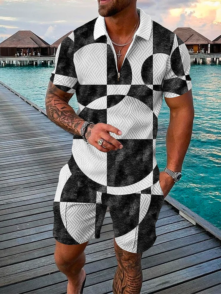 Men's Seaside Nostalgic Geometric Printed Polo Suit