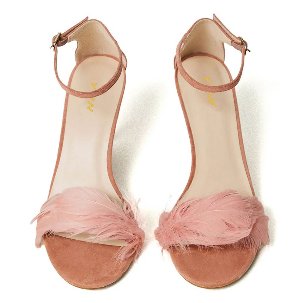 Pink Feathers Buckle Ankle Strap Stiletto Heel Dress Sandals for Women