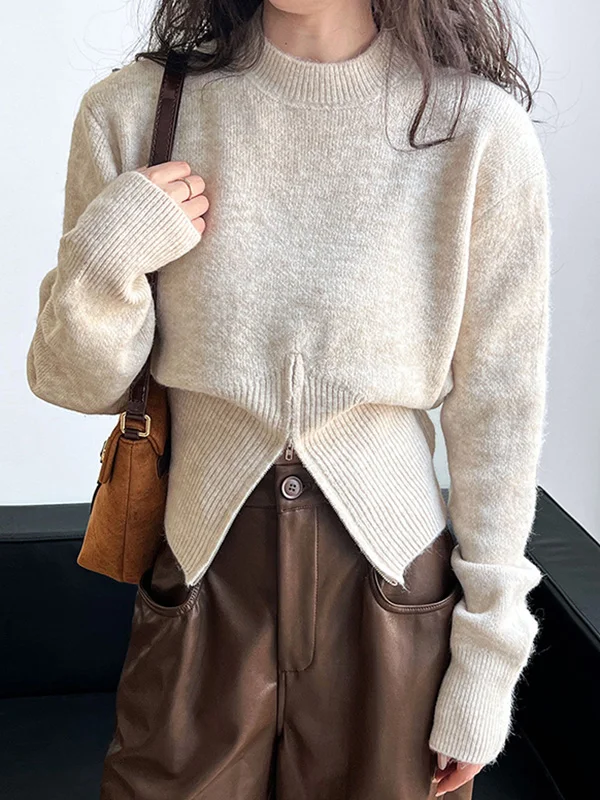Long Sleeves Loose Solid Color Zipper Mock Neck Pullovers Sweater Tops