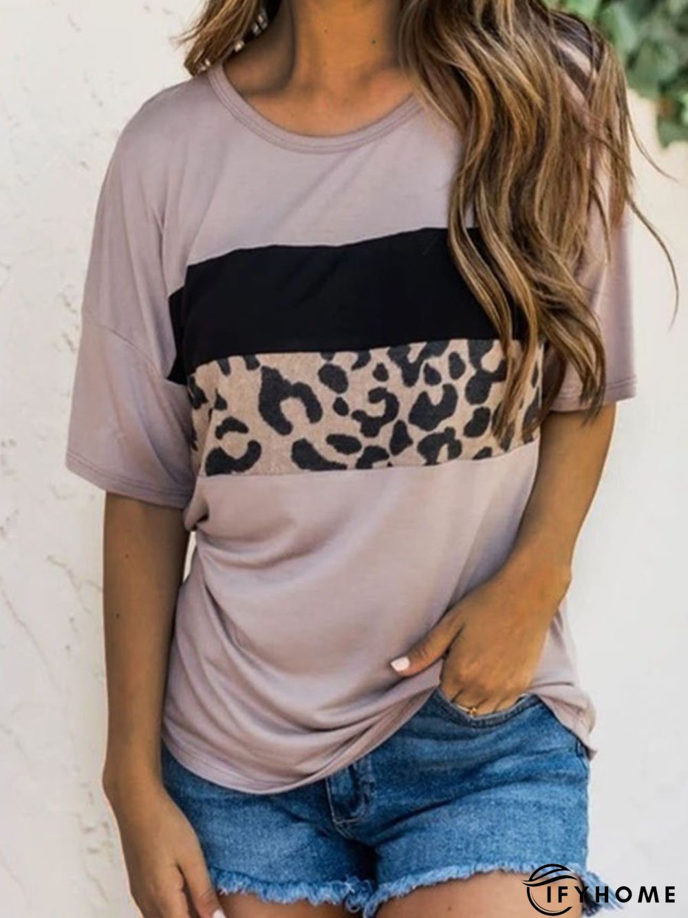 Leopard Short Sleeve Printed Cotton-blend Crew Neck Casual Summer Brown Top | IFYHOME