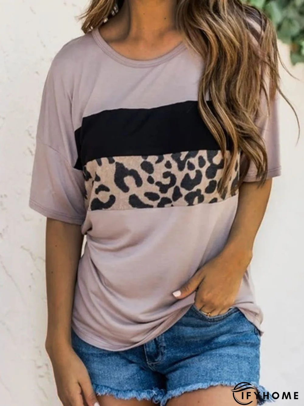 Leopard Short Sleeve Printed Cotton-blend Crew Neck Casual Summer Brown Top | IFYHOME