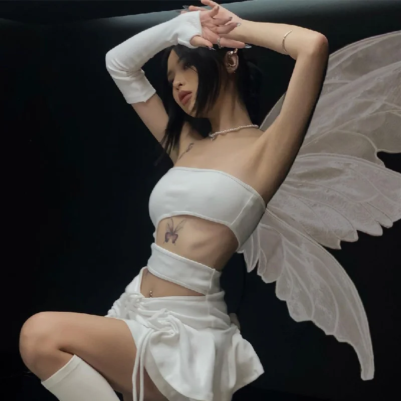 Uveng Uveng 2023 Ins Hot Style Women's Fashion Sexy Sweet Spicy Wind Sleeve Pleated Drawstring Slim Dress