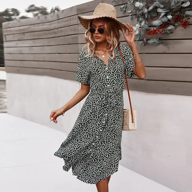 Summer Women Floral Dress Casual Short Sleeve Midi Dresses