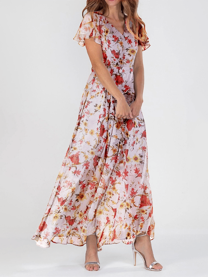 Women's V Neck Short Sleeve Chiffon Floral Dress