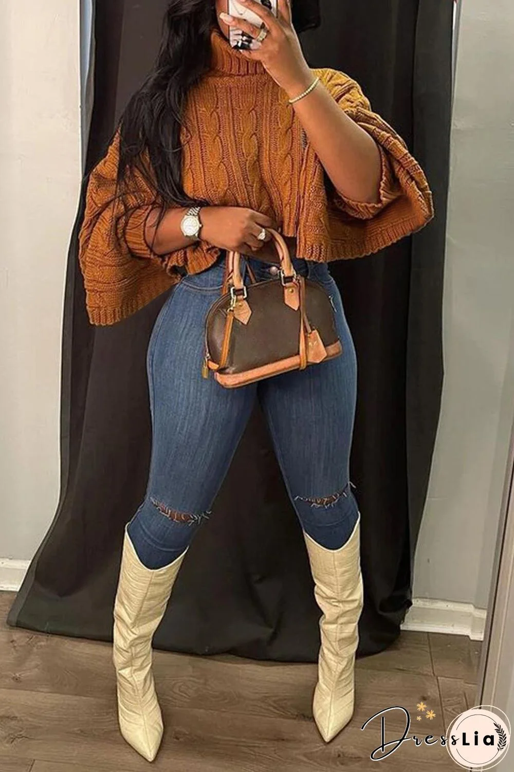 Solid Color Turtleneck Bat Sleeve Sweater Crop Top