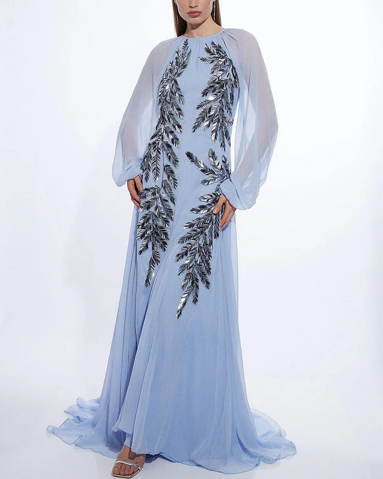 Feather Embellished Woven Long Sleeve Maxi Dress
