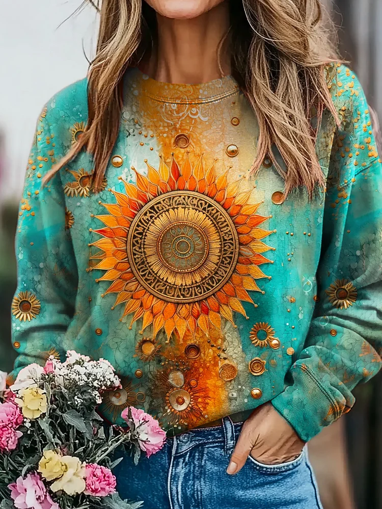 Women's Retro Ethnic Mandala Print Casual Crew Neck Sweatshirt