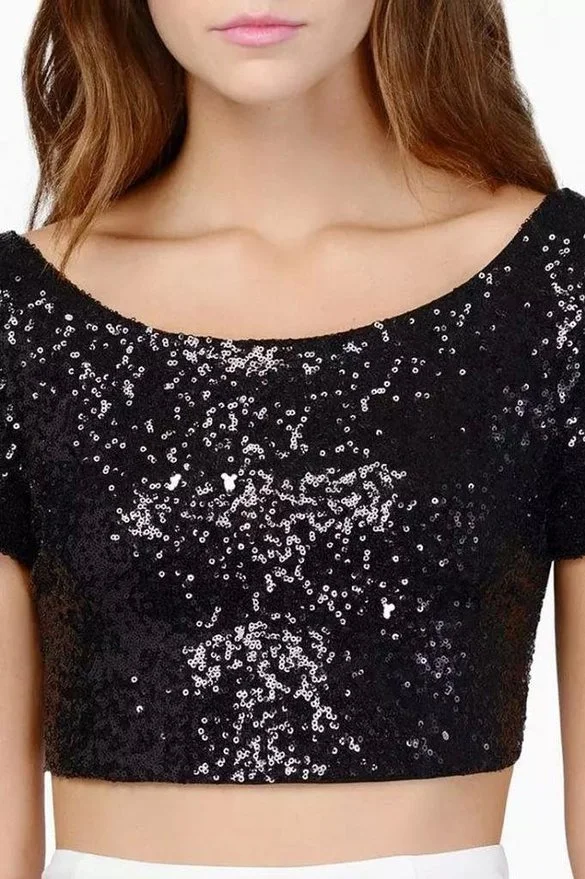 Mongw Mongw Sequin Top Ebay Sexy Back Crop Top Women's T-Shirt Short Sleeves