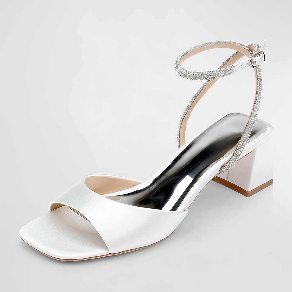 White Satin Square Toe Chunky Heel Rhinestone Ankle Strap Sandals Nicepairs