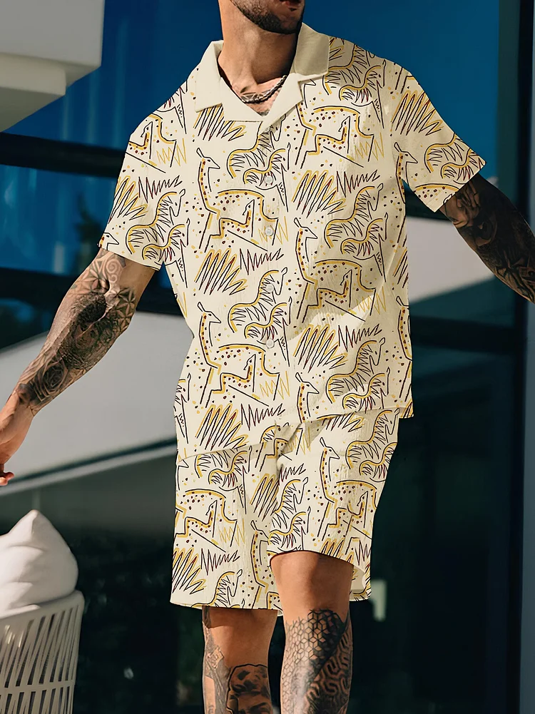 Men's African Grassland Animals Print Short Sleeve Shirt Set
