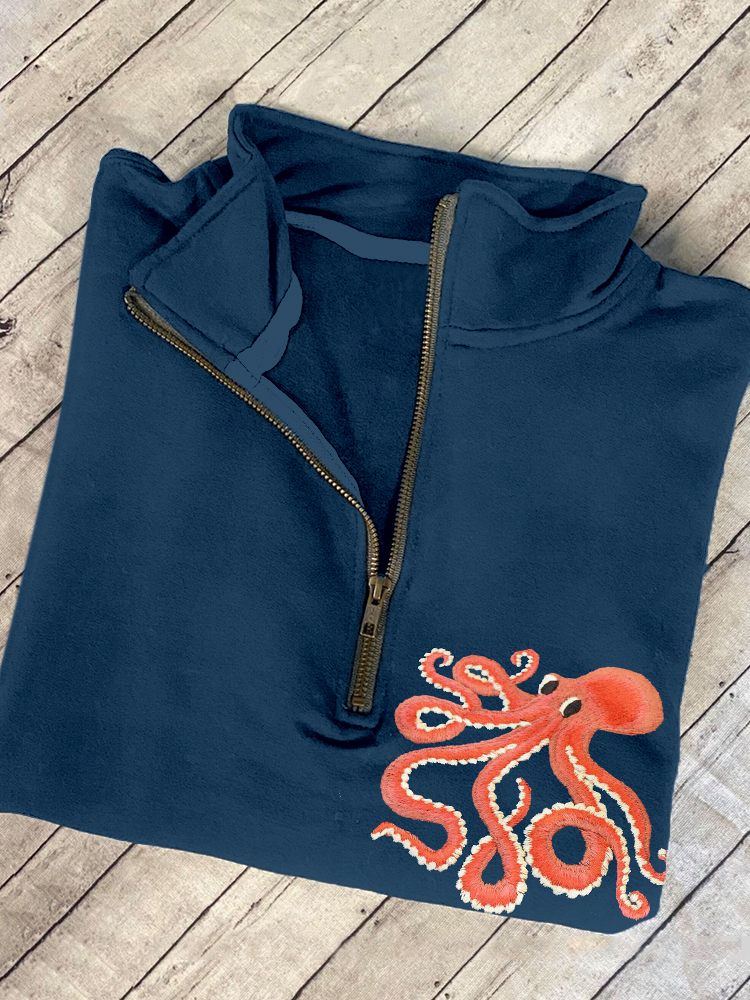 Ocean Octopus Embroidered Art Zip Up Cozy Sweatshirt  artssus