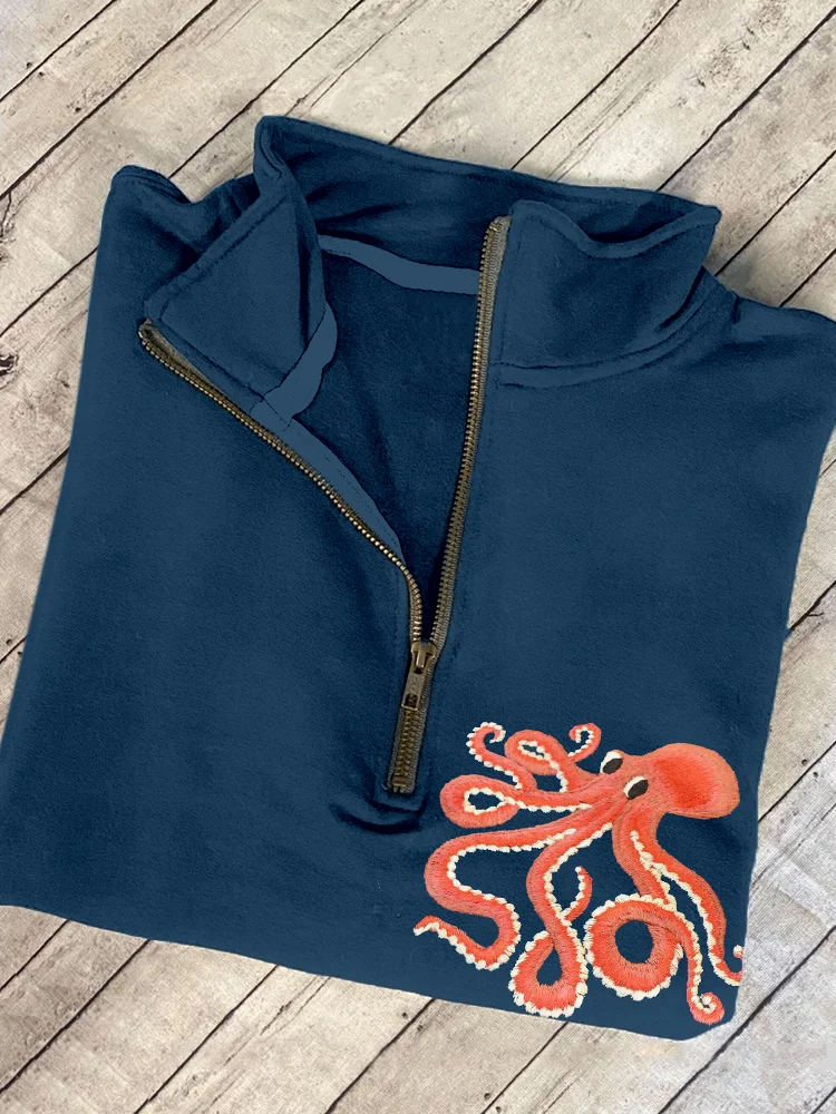 Ocean Octopus Embroidered Art Zip Up Cozy Sweatshirt