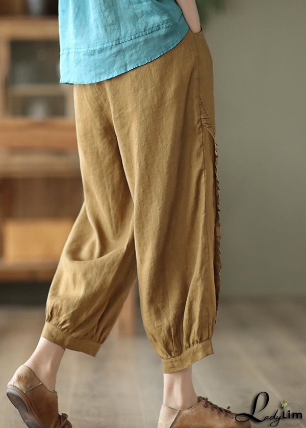 Brown Ruffled Elastic Waist Cozy Crop Pants