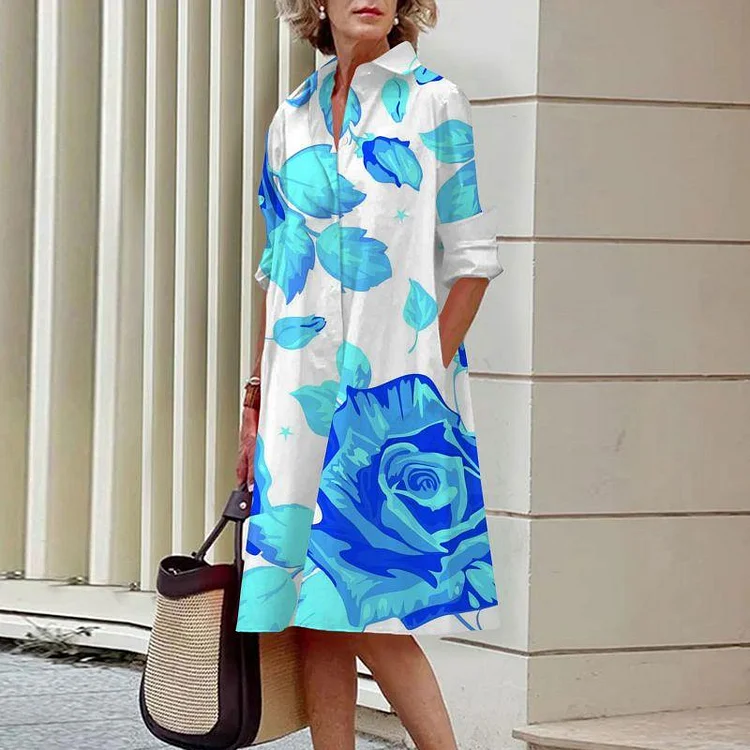 Stylish casual vintage floral commuter lapel shirt dress