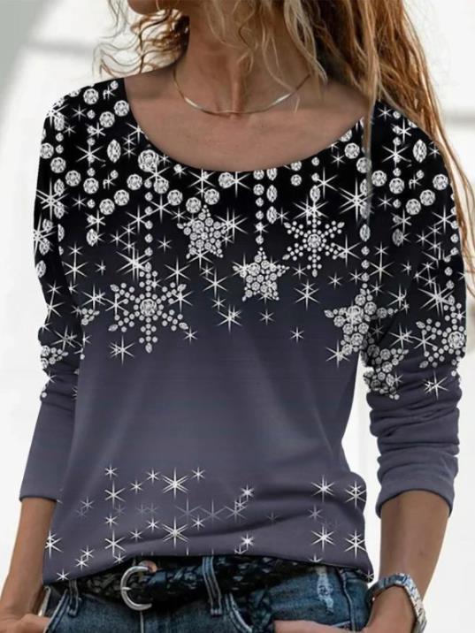 Women Long Sleeve Scoop Neck Floral Printed Graphic Top