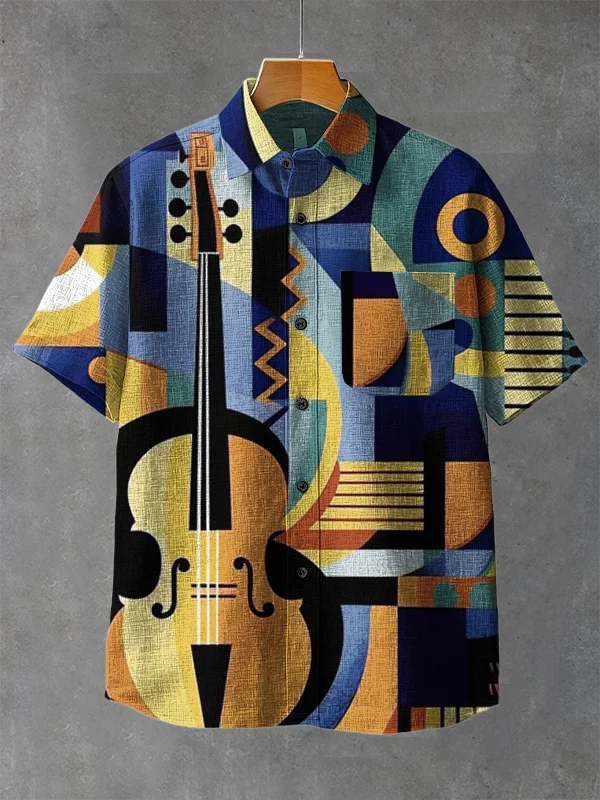 Men's Musical Instrument Violin Abstract Color Mosaic Geometric Art Print Casual Shirt