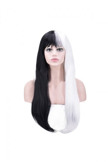 Straight Long Black White Wig For Halloween Party Cosplay-elleschic