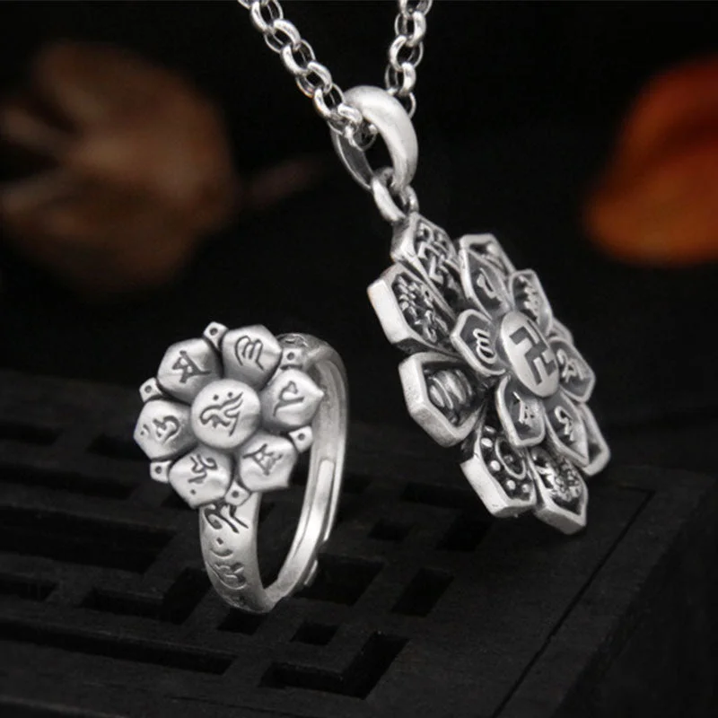 Om Mani Padme Hum Lotus 999 Sterling Silver Swastika Purity Rotatable Necklace Ring