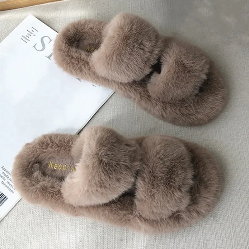 Indoor Women Fur Slippers Fluffy Soft Furry Slides Thick Flats Heel Non Slip House Shoes Ladies Luxury Design Footwear Whosale